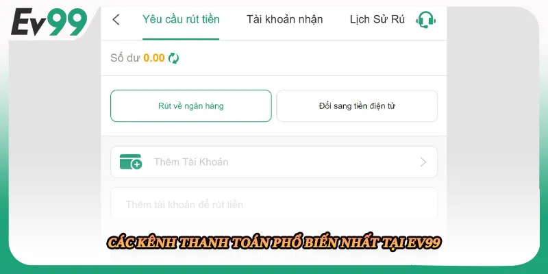 Các kênh thanh toán phổ biến nhất tại EV99